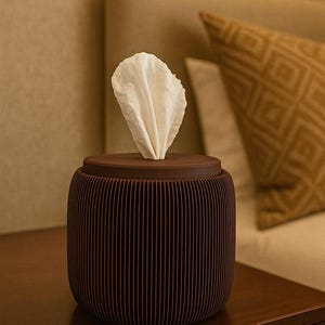 May include: A dark brown tissue box with a ribbed design. A white tissue is pulled from the top. The tissue box is on a dark brown wooden surface. The background includes a bed and pillows.