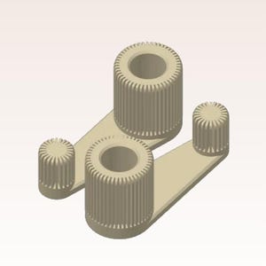 May include: Two beige mechanical components with cylindrical bodies and ridged surfaces. Each component has a central hole. The components are connected by flat, rectangular arms. One smaller cylindrical component is also present.