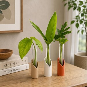 May include: Three clear glass test tube propagation stations held in cylindrical bases coloured beige, white, and terracotta. Each tube contains a single green plant cutting with distinct leaf shapes, standing upright on a wooden surface.