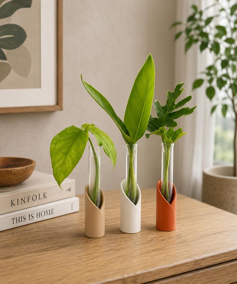 May include: Three clear glass test tube propagation stations held in cylindrical bases coloured beige, white, and terracotta. Each tube contains a single green plant cutting with distinct leaf shapes, standing upright on a wooden surface.