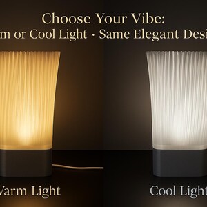 May include: Two modern table lamps with a ribbed design, one emitting warm light and the other cool light. The lamps have a dark gray base and are labeled "Warm Light" and "Cool Light". The text above reads "Choose Your Vibe: Warm or Cool Light &bull; Same Elegant Design."