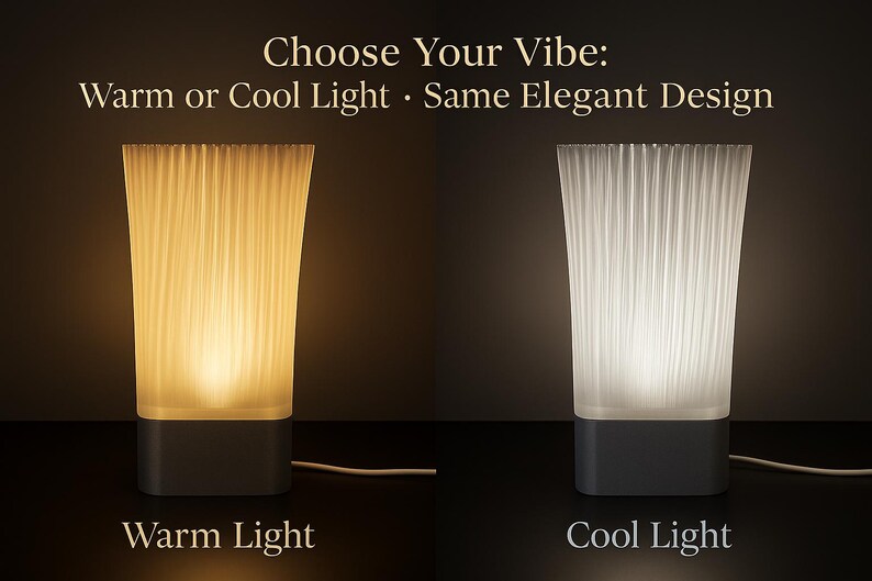 May include: Two modern table lamps with a ribbed design, one emitting warm light and the other cool light. The lamps have a dark gray base and are labeled "Warm Light" and "Cool Light". The text above reads "Choose Your Vibe: Warm or Cool Light &bull; Same Elegant Design."