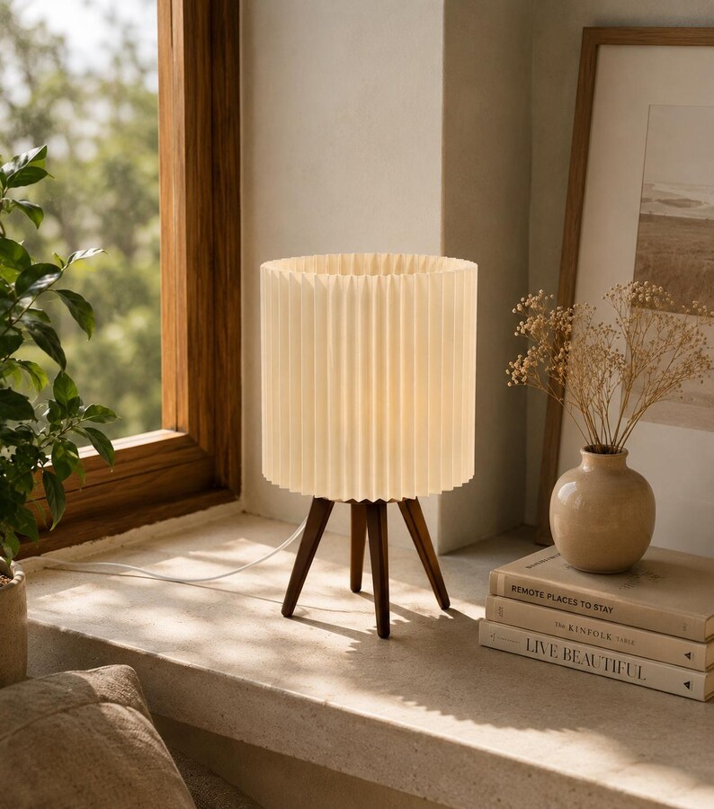 Puede incluir: Una l&aacute;mpara de mesa con una pantalla cil&iacute;ndrica plisada de color crema y tres patas de madera marr&oacute;n oscuro. La l&aacute;mpara est&aacute; encendida, emitiendo un brillo suave, y cuenta con un cable de alimentaci&oacute;n blanco que sale de la base.