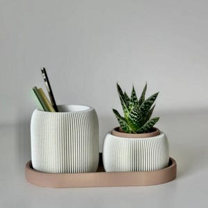 May include: A set of two white, ribbed ceramic planters on a matching tray. One planter holds pencils and pens, the other contains a small succulent. The tray and planters are a neutral color, suitable for a desk or home decor.