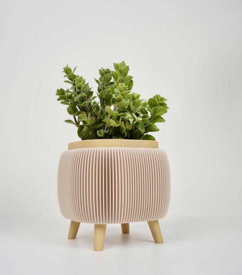 May include: A decorative, light pink planter with a ribbed design and three wooden legs. The planter holds a vibrant green plant with small leaves. The top rim of the planter is a light beige color, creating a contrast with the pink body.