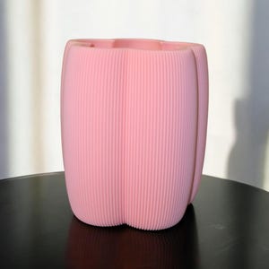 May include: A pink, ribbed planter with a tulip-like shape. The vertical ridges create a textured surface. The planter sits on a dark surface, and is illuminated by natural light.