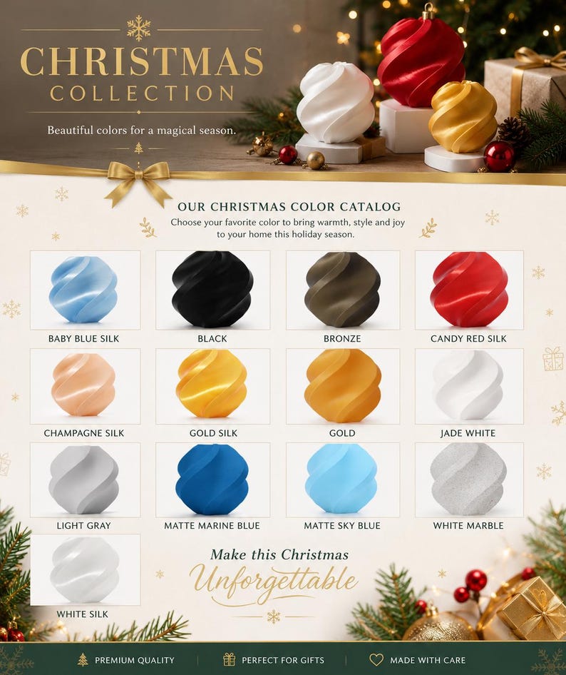 Pode incluir: Um cat&aacute;logo de cole&ccedil;&atilde;o de Natal apresentando uma grade de treze ornamentos em forma de espiral em v&aacute;rias cores, incluindo azul beb&ecirc;, preto, bronze, vermelho doce, champanhe, ouro, branco jade, cinza claro, azul marinho, azul c&eacute;u, m&aacute;rmore branco e seda branca.
