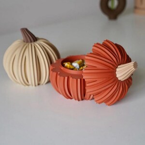 May include: Two pumpkin-shaped containers with ribbed textures. One is light beige with a dark brown stem, and the other is orange with a light beige stem. The orange container is open, revealing a hollow interior containing small wrapped candies.