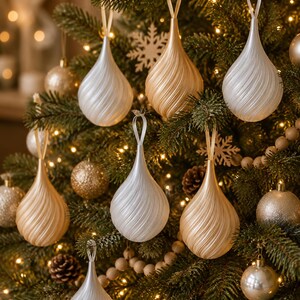 May include: A collection of teardrop-shaped Christmas ornaments featuring a spiraling ribbed texture. These ornaments are finished in alternating shades of pearlescent white and metallic champagne gold, each suspended by a matching ribbon loop.
