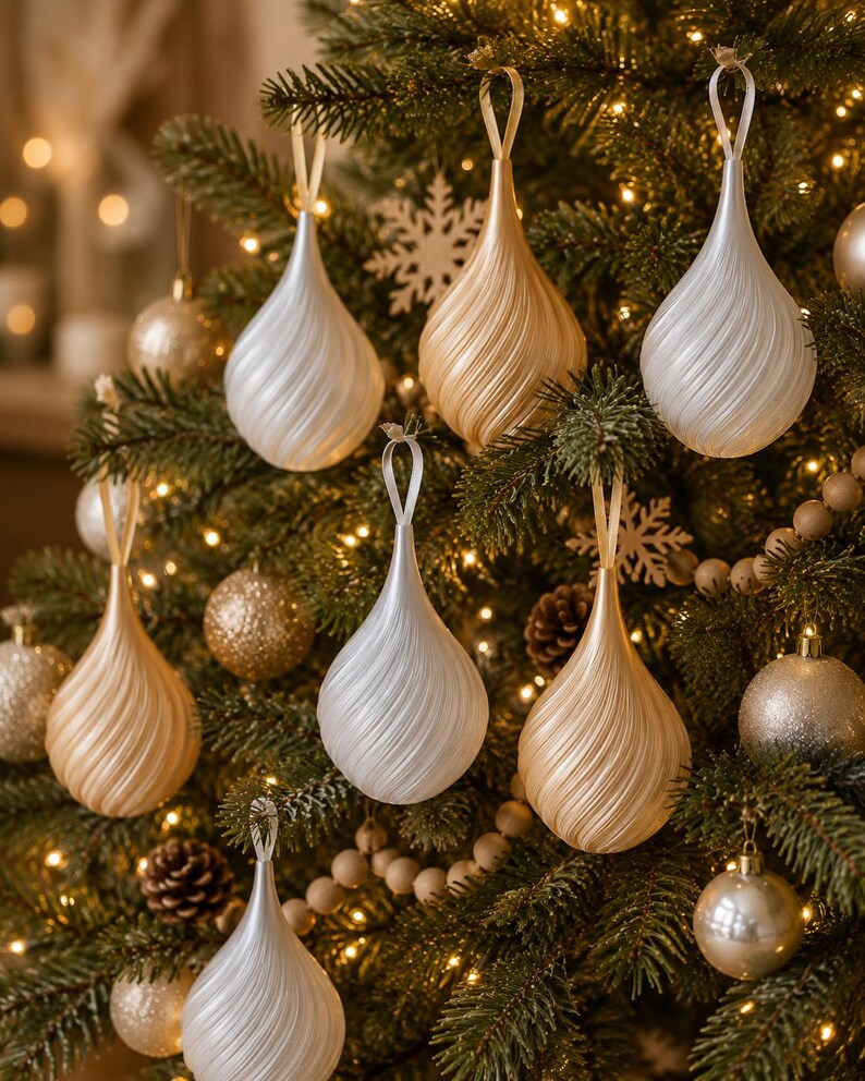 May include: A collection of teardrop-shaped Christmas ornaments featuring a spiraling ribbed texture. These ornaments are finished in alternating shades of pearlescent white and metallic champagne gold, each suspended by a matching ribbon loop.