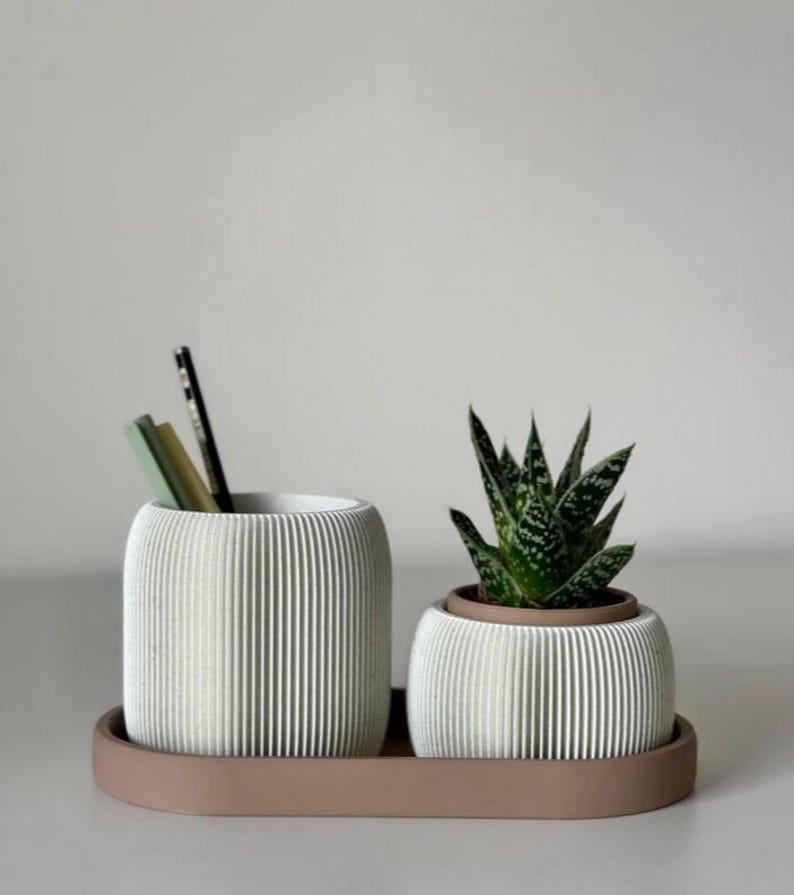 May include: A white ribbed planter set with a small succulent plant and a pencil holder with pencils and pens. The set sits on a brown tray. The succulent has green and white speckled leaves.