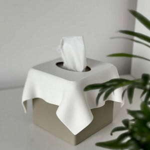 May include: A square tissue box with a beige base and a white top that drapes over the sides. White tissues are pulled from the center opening. The background is a light gray, with green foliage in the foreground.