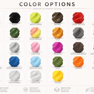 May include: A colour options chart showcasing 24 premium 3D printed finishes. The range includes beige, black, bright green, bronze, candy red silk, champagne silk, dark grey, dark olive, glow orange, gold, grey, hot pink, jade white, light grey, light pink, magenta, matte dark brown, matte dark chocolate, matte latte brown, matte marine blue, matte sky blue, olive, orange, pumpkin orange, purple, white marble, white silk, and yellow.