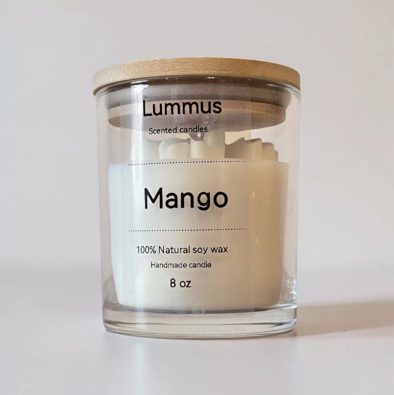 Hand-poured Soy Candle, Mango Scent, Minimalist Glass Jar, Bamboo Lid image 2