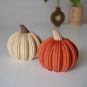 May include: Two decorative pumpkins with a ribbed, layered design. One pumpkin is cream-colored with a brown stem, and the other is orange with a light beige stem. Both objects feature a rounded shape with vertical ridges throughout the exterior.