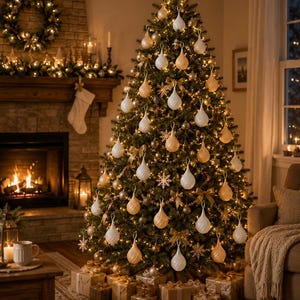 May include: A tall, decorated Christmas tree featuring numerous white and gold spiral-shaped ornaments, warm string lights, and a star topper. The tree is surrounded by wrapped gift boxes on the floor, with a fireplace and wreath in the background.
