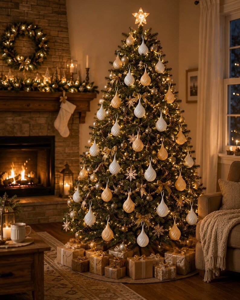 May include: A tall, decorated Christmas tree featuring numerous white and gold spiral-shaped ornaments, warm string lights, and a star topper. The tree is surrounded by wrapped gift boxes on the floor, with a fireplace and wreath in the background.