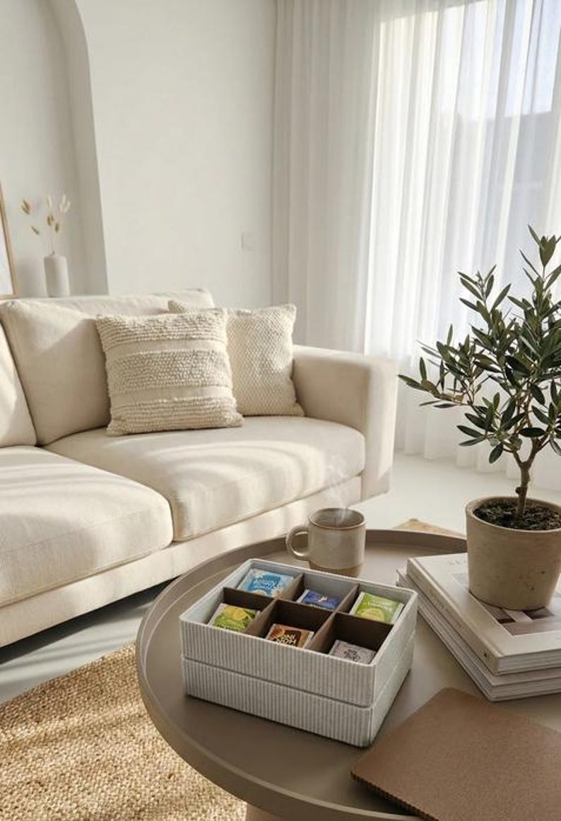May include: A living room scene with a beige sofa, decorative pillows, and a round coffee table. A box of tea bags sits on the table, alongside a mug, a small potted plant, and books. The room is bathed in natural light.