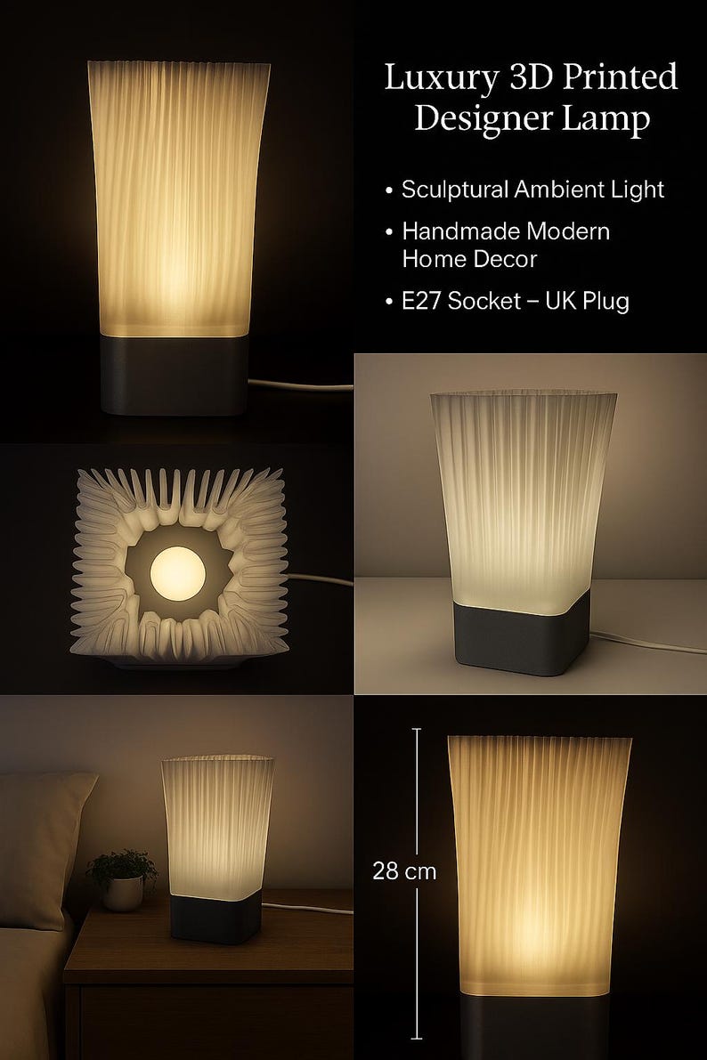 May include: A 3D-printed designer lamp with a white, textured shade and a dark gray base. The lamp is 28 cm tall and emits a warm, ambient light. The image includes text that reads "Luxury 3D Printed Designer Lamp."