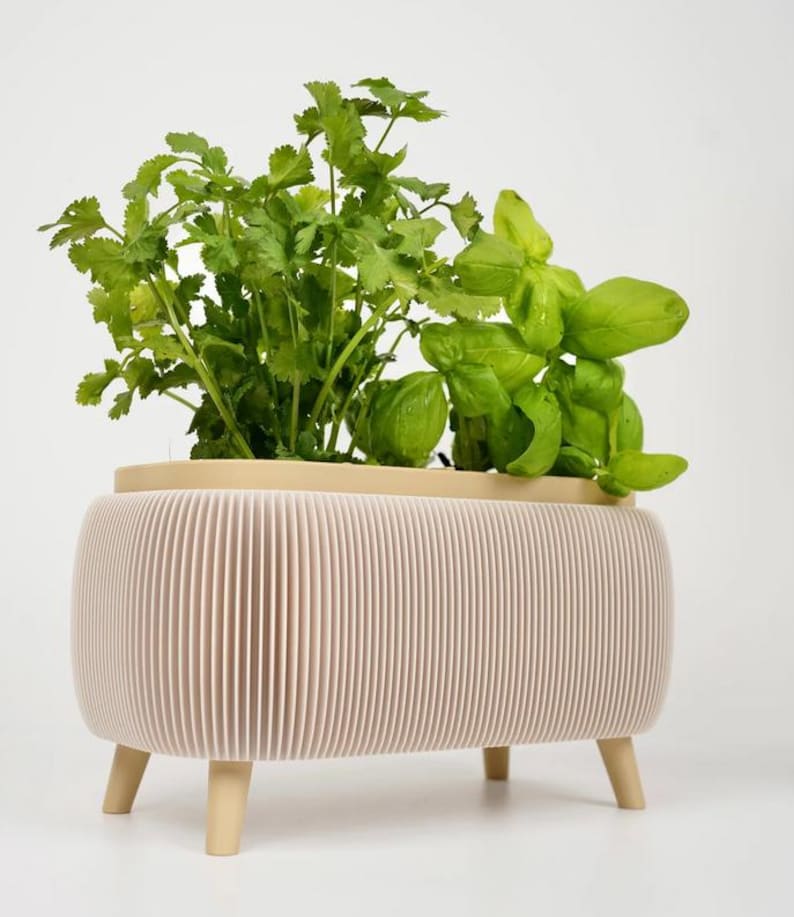 May include: A light pink, ribbed planter with four wooden legs, holding fresh green herbs. The planter has a light beige top section. The herbs include cilantro and basil, showcasing a modern design for indoor gardening.