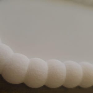 May include: Close-up of a white, round decorative object with a textured, beaded edge. The beads are spherical and evenly spaced, creating a continuous, elegant border. The background is a soft, off-white color.