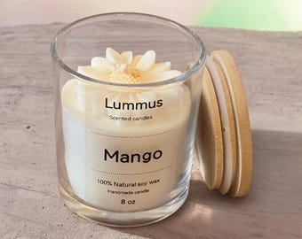 Handhällt sojaljus, mangodoft, minimalistisk glasburk, bambulock