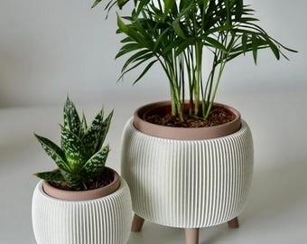 Juego de 2 macetas THALOR con patas, macetas retro acanaladas, decoración moderna para el hogar, decoración minimalista para interiores.