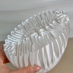 May include: A white, semi-transparent, decorative bowl with a unique, pleated design. The bowl has a rounded shape and is held by a hand. The pleats create a wave-like pattern, adding texture and visual interest to the piece.
