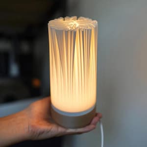 Könnte beinhalten: Zylindrische Tischlampe mit plissiertem, weißem Schirm und warm leuchtendem Innenraum. Der Sockel ist hellbraun. Die Lampe wird in der Hand gehalten, und ein weißes Kabel erstreckt sich von der Basis.