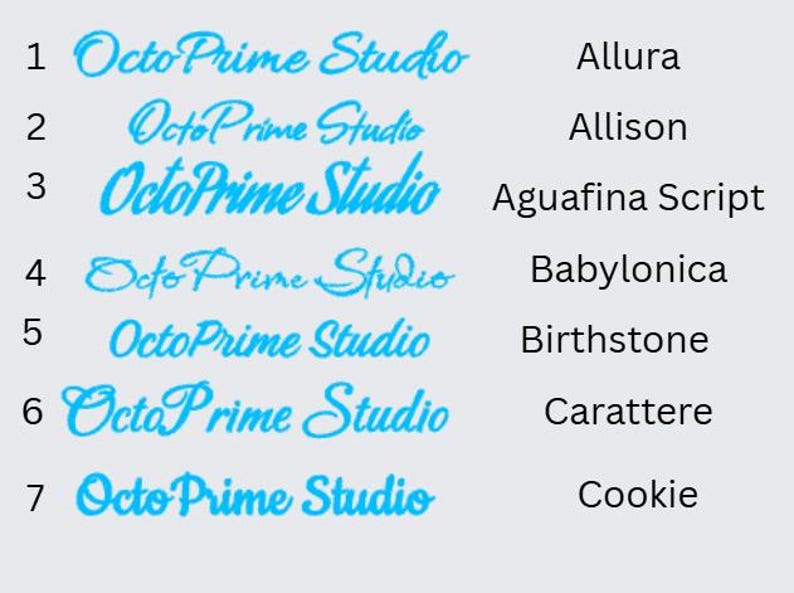 May include: A light blue text graphic shows "Octo Prime Studio" in different fonts, with font names like "Allura", "Allison", "Aguafina Script", "Babylonica", "Birthstone", "Carattere", and "Cookie" displayed alongside.
