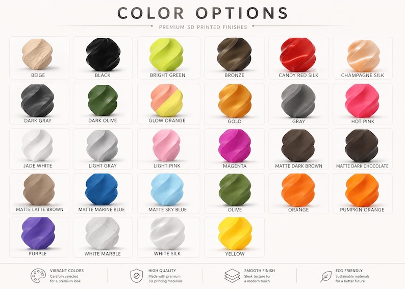 May include: A grid of 28 small, spiraled, spherical 3D printed objects displayed in various colors including beige, black, bright green, bronze, red, champagne, gray, olive, orange, gold, pink, magenta, brown, blue, purple, and white.