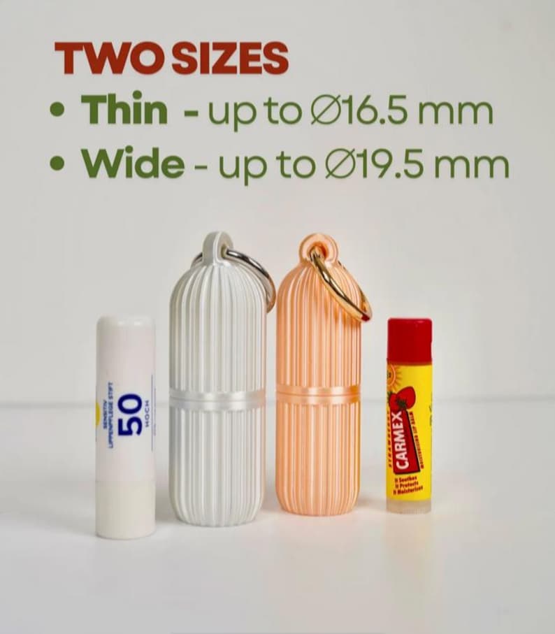 May include: Two cylindrical ribbed cases with metal rings, one white and one peach, displayed next to two lip balm sticks. Text reads: TWO SIZES, Thin - up to 16.5 mm, Wide - up to 19.5 mm. The cases are designed to hold items of these specific diameters.