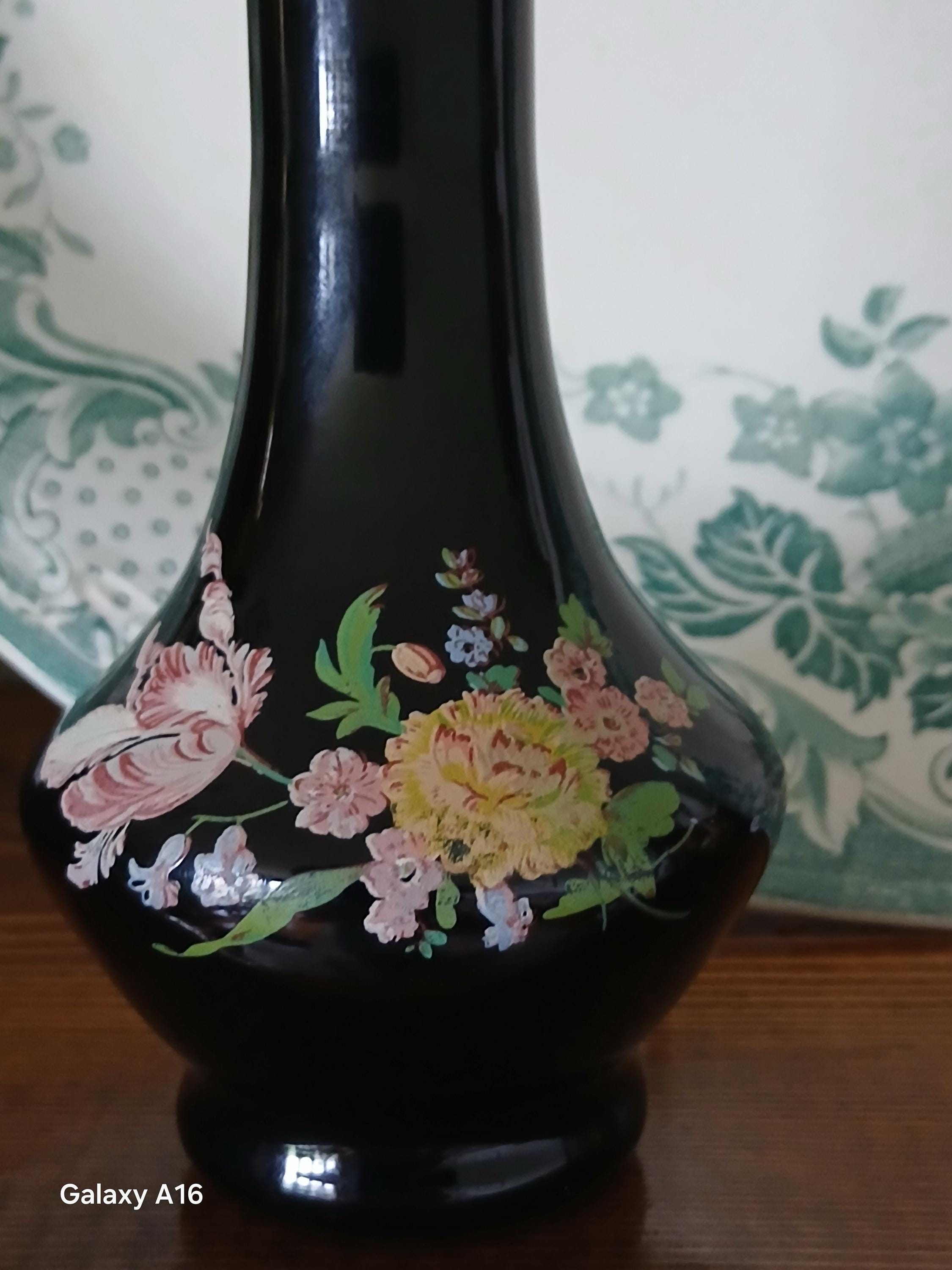 Black Amethyst Vintage  Hand blown Vase with Gold band