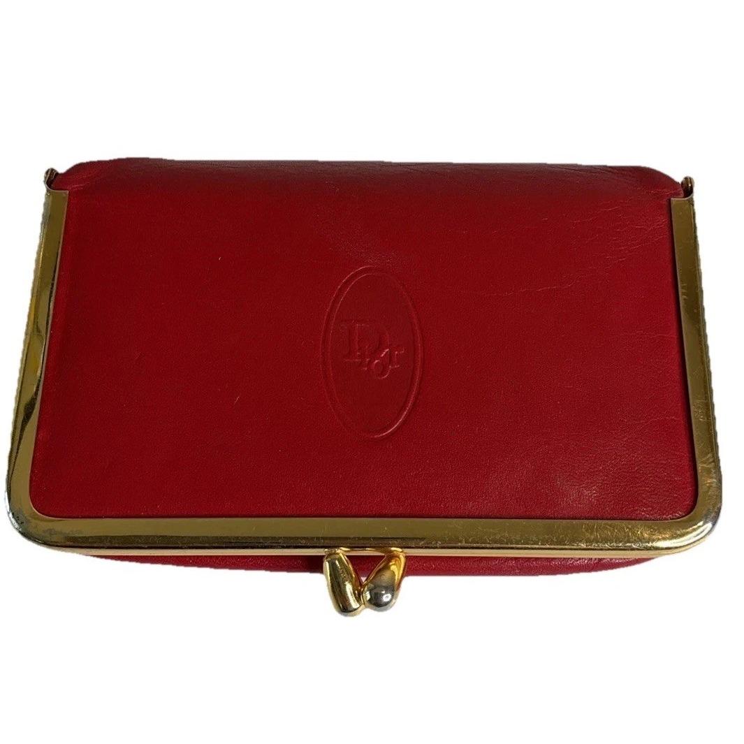 RARE Vintage Dior Red Leather Kiss Lock Mirrored Lipstick Makeup Wallet Case