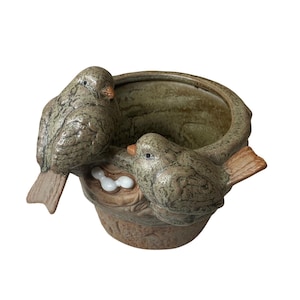 Rustic Ceramic Planter Birds Nest Eggs Flower Pot Cottagecore Country Decor