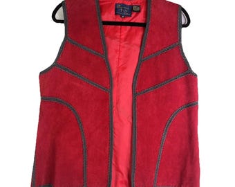 Vintage Bonnie Lee Division of LeRoy Red Pig Suede Crochet Seams Sleeveless Vest