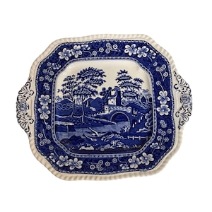 Spode England Blue Tower Square Cake Serving Plater Handles Cottagecore Luxury