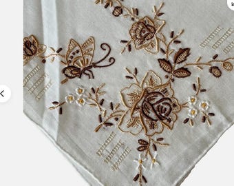 Vintage Brown Rose and Butterfly Cotton Embroidered Floral Hankie Handkerchief