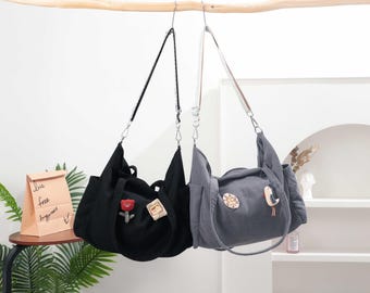 Bolso de mano de pana elegante, bandolera, informal, tipo hobo, para compras, de hombro, para uso diario con cremallera, regalo para ella, broche de tela hecho a mano.