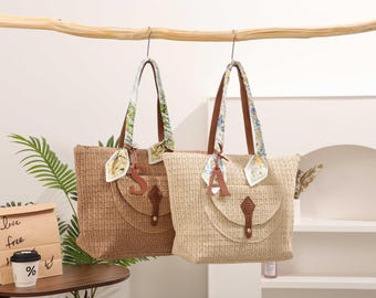 Woven Straw Beach Bag with Zipper,Knit Beach Bag,Woven Tote Beach Bag,Summer Shoulder Bag,Boho Style Tote Bag with Ribbon Personalised Gifts