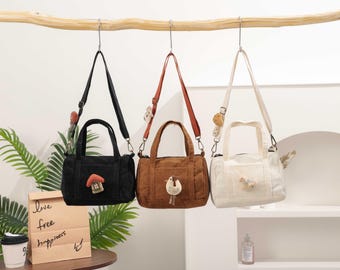 Bolso de mano de pana elegante, bandolera, informal, tipo hobo, para compras, bandolera con cremallera, regalo para ella, broche de tela hecho a mano.