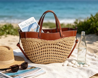 Borsa tote di lusso in rattan intrecciato e pelle / Borsa da spiaggia strutturata in paglia con tracolla removibile / Borsa estiva in stile resort