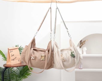 Bolso de mano de pana elegante, bandolera, informal, tipo hobo, para compras, de hombro, para uso diario con cremallera, regalo para ella, broche de tela hecho a mano.