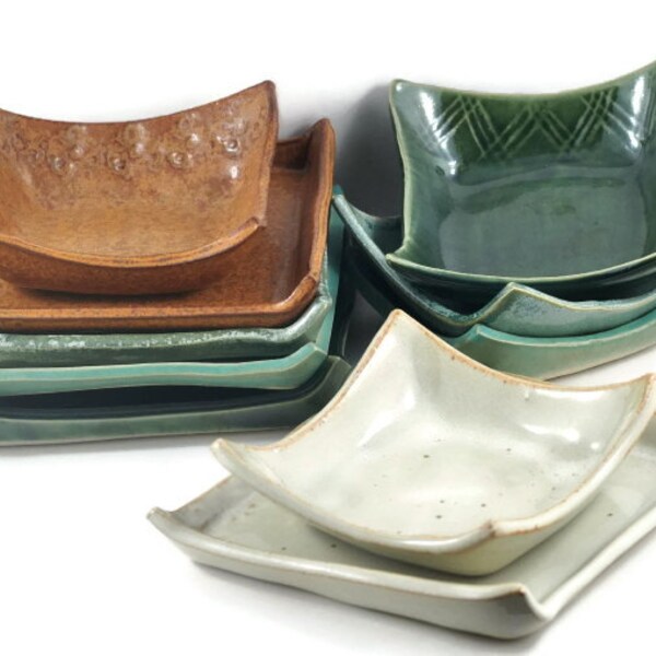 Handmade Pottery Ceramic Tableware Square Tapas Plate and Bowl Set - Choice of Four Colours - Unique Home Decor - Oven to Table