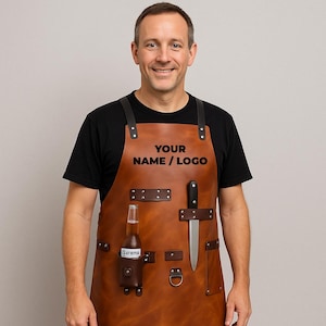Custom Leather Apron with Drink Holder & Pockets – BBQ Grill Butcher Chef Kitchen Apron – Handcrafted Gift for Him, Pitmaster, Workshop Use