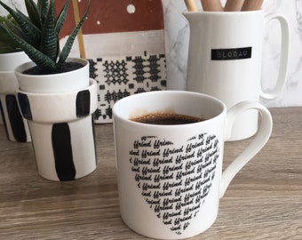 Ffrind friend in Welsh. Black writing script heart shape  bone china mug