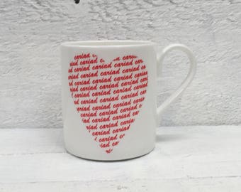 Red heart cariad script writing bone china mug