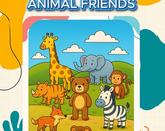 May include: A colorful children's coloring book titled "Color & Learn Animal Friends." The cover features cartoon animals including a giraffe, elephant, bear, zebra, and lion. The book has 17 pages and is set against a blue sky background.