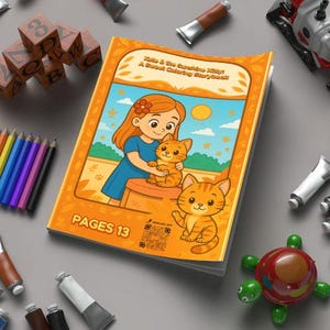 May include: A children's coloring book titled "Kate & the Sunshine Kitty" with a cover illustration of a girl and a cat. The image also includes colored pencils, paint tubes, wooden blocks, and toy trains.