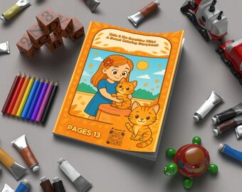 May include: A children's coloring book titled "Kate & the Sunshine Kitty" with a cover illustration of a girl and a cat. The image also includes colored pencils, paint tubes, wooden blocks, and toy trains.